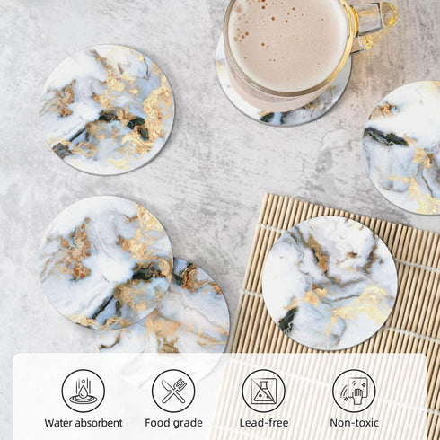 Sets 6 Coasters for Drinks Absorbent with Holder,Abstract White Gold Marble of Durable Cup Coaster for Coffee Table