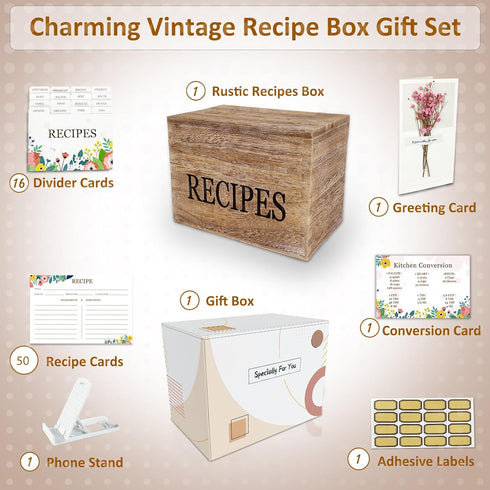 Recipe Box,Recipe Cards 50 Size 4x6 with 16 Divider,1 Conversion Card,Rustic Wood Box Organizer Set,Cute Box for Housewarming Grandma Mom Wedding Bridal Shower