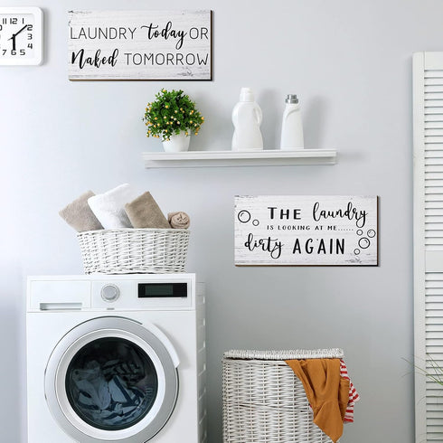 2 Pieces Laundry Room Decor Sign, Rustic Farmhouse Bathroom Wall Decor, Funny Laundry Signs (12 x 6 Inch)