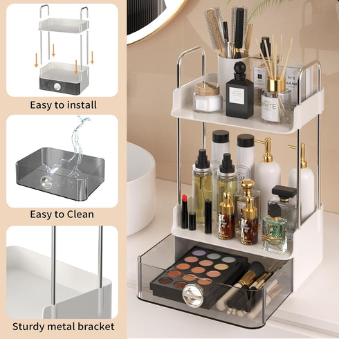 Bathroom Counter Organizer, 2 Tiered Countertop with Drawer for Makeup and Skincare Storage, Desktop, Bathroom (White)