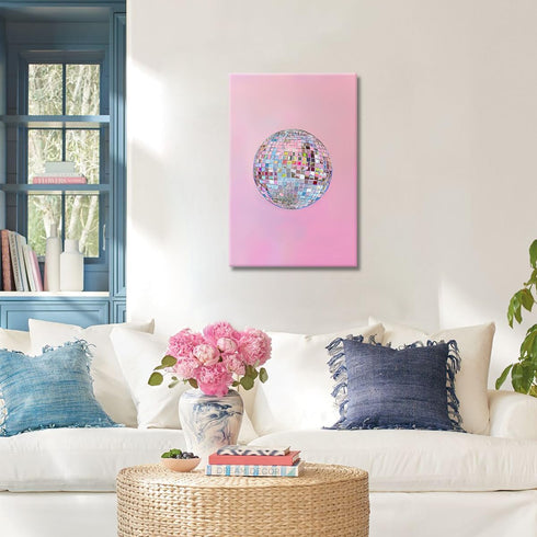 Generic 70s 12x16in Trendy Soft Pink Disco Ball Canvas Wall Art Funky Girl Silver Mirrorball Textured Poster Maximalist