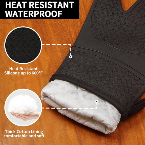 2PCS Silicone Oven Mitts, Black Oven Gloves with Non-Slip Waterproof, Heat Resistant 600 Degree for Cooking Baking