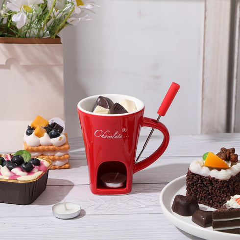 4 Set Honeydak Chocolate Fondue Mug with Fork and Candle Sweet Ceramic Personal Chocolate Melting Cup Ideal Gifts