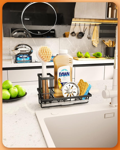 SWTYMIKI Sink Caddy Sponge Holder for Kitchen, Stainless Steel Organizer with High Brush Holder for Countertop