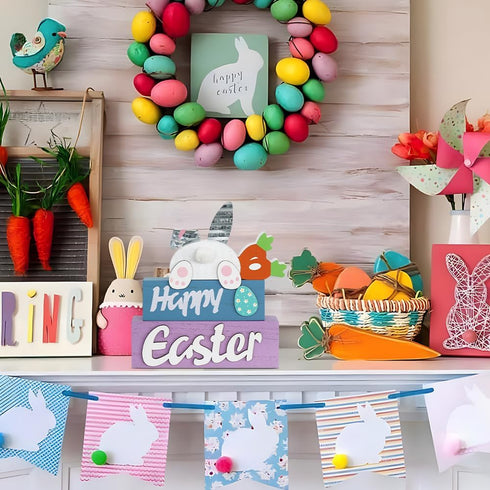 3-Layered Easter Decorations, MEETYAMOR Easter Bunny with Carrots Farmhouse Wood Block Easter Decor, Happy Easter Sign