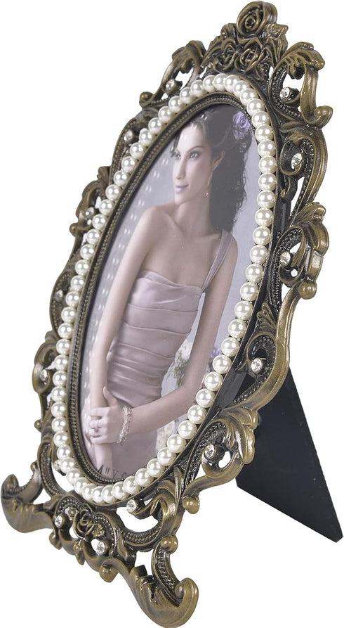 ChezMax Vintage Picture Photo Frames, 3x5 Ellipse Rose Antique Frame with Glass, Tabletop and Wall Hanging