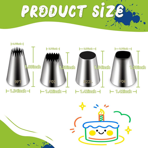 Suuker Extra Large Piping Tips Set (F02 F06 9FT R22L), Stainless Steel Round & Star Piping Tips for Cake Decorating
