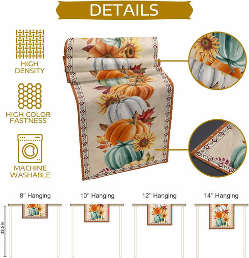 LooPoP 13x120 Inches Thanksgiving Fall Pumpkin Table Runners Maple Leaf Orange Lattice Long Washable Table Runner