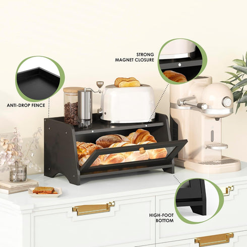 Countertop, JANSNIMEN Bread Box for Kitchen Large Bread Container Storage, Wooden Farmhouse Bread Box with Window Bread