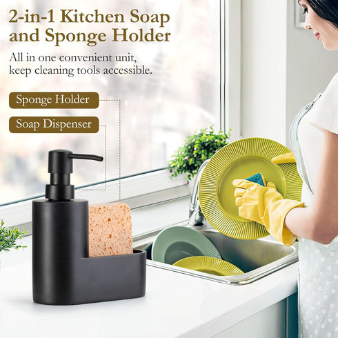 2-in-1 Countertop Shinowa Dish Soap Dispenser with Sponge Holder, Refillable Kitchen Dish Soap Dispenser Pump, Soap