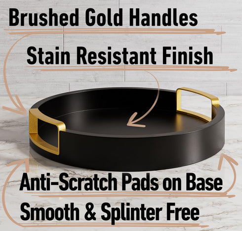 12 Inch Round Decorative Tray - Round Black Tray with Gold Metal Handles - Stain Resistant Serving Trays for Decor