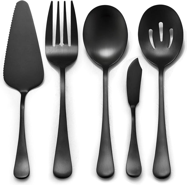LIANYU 5-Piece Matte Black Serving Utensils Set, Stainless Steel Serving Set with Spoon, Fork, Flatware for Buffet