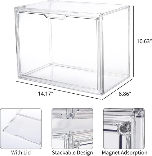 FABROK Clear Book Storage Organizer Box - Plastic Stackable Book Display Case with Magnetic Door - Assemble Storage