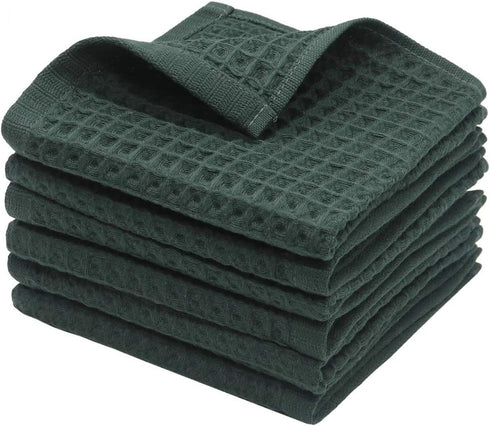 100% Natural Cotton Kitchen Towels, Classic Waffle Weave Dish Cloths, Set of 6, Soft Ultra Absorbent (Blackish Green)
