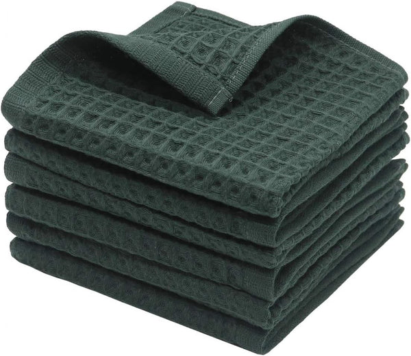 100% Natural Cotton Kitchen Towels, Classic Waffle Weave Dish Cloths, Set of 6, Soft Ultra Absorbent (Blackish Green)