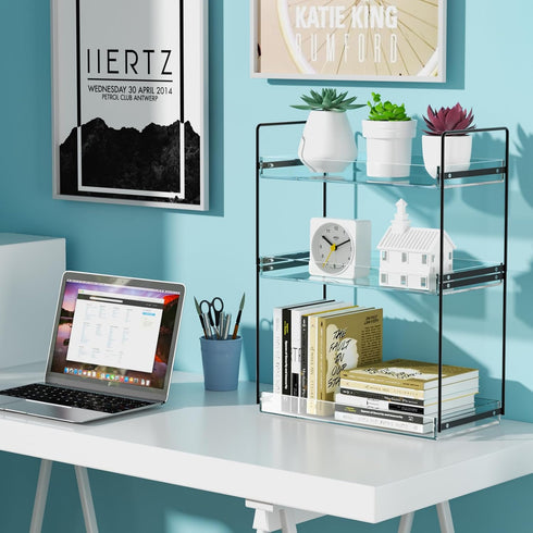 NPPLUS Bathroom Countertop Organizer, 3 Tier Metal Vanity Shelf, Matte Black Under Sink with Acrylic Tray for Makeup