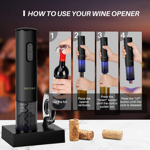 Secura Automatic Electric Wine Opener, Rechargeable Corkscrew with Foil Cutter (Black)