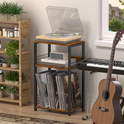 Spaces,3 LELELINKY End Table with Storage, Brown Nightstand for Small Tier Record Player Stand with Vinyl Storage