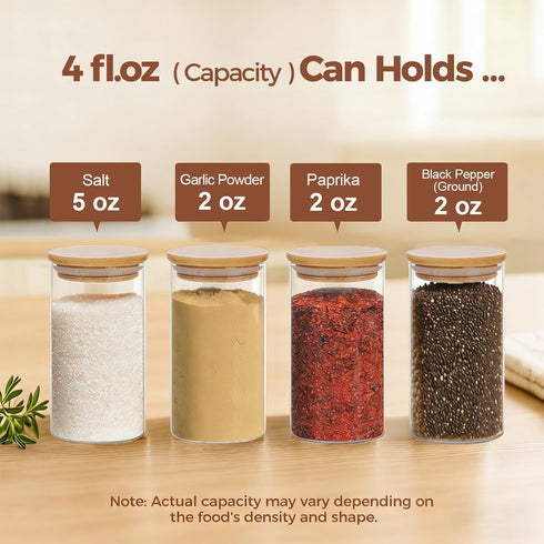 4oz 16 Pack, 54 ComSaf Spice Jars with Label Glass Spice Jars with Bamboo Lid, Small Seasoning Containers with Black