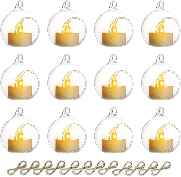 NUPTIO Set of 12 Hanging Glass Globe Candle Holders with LED Tea Lights - 2.36 inch Clear Votive for Party Decoration