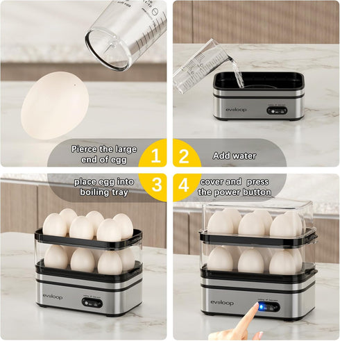 12 Evoloop Rapid Egg Cooker Electric Eggs Capacity, Soft, Medium, Hard Boiled, Poached, Omelet Maker Egg Poacher