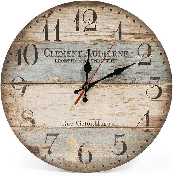 12 Inch Silent Vintage Wooden Round Wall Clock, Arabic Numerals, Rustic Chic Home Decor