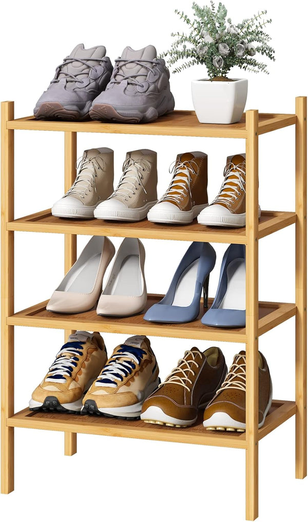 kiplant Small Shoe Rack, 4-Tier Bamboo Wood Shoe Rack for Entryway, Stackable Shoe