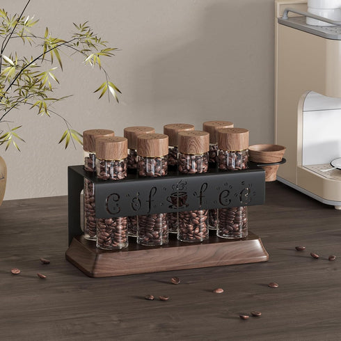 8Pcs Single Dose Coffee Bean Storage Tubes with One-Way Exhaust Valve,Coffee Bean Container with American Walnut Wood