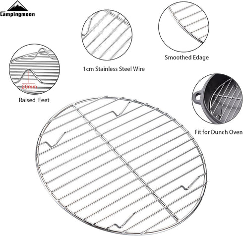 Campingmoon Stainless Steel Round Cooling Rack - Baking, Steaming, and Roasting Rack for Dutch Oven
