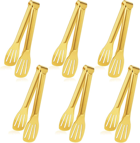 JCREN 6 Pack Serving Tongs, Stainless Steel Buffet Tongs, Small Gold Tongs Serving Set for Parties, 7 Inch