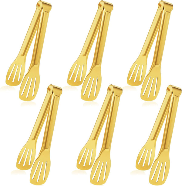 JCREN 6 Pack Serving Tongs, Stainless Steel Buffet Tongs, Small Gold Tongs Serving Set for Parties, 7 Inch