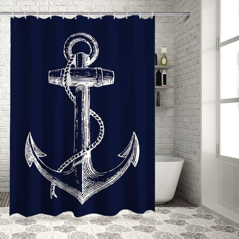 Custom Nautical Navy Blue Anchor Shower Curtain, 70x72 Inch