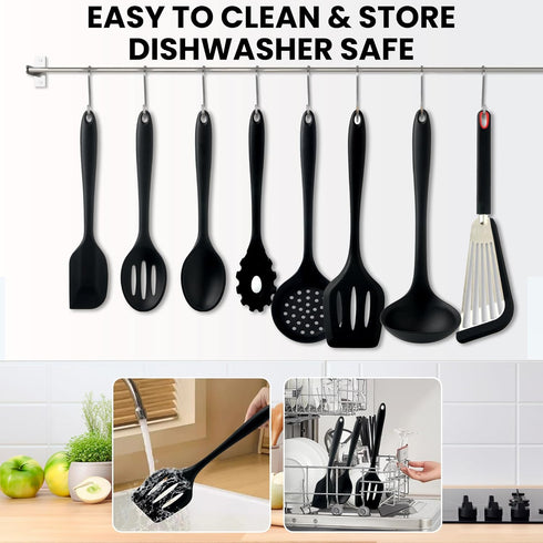 Silicone Kitchen Utensils Set, 8 PCS Heat Resistant Non-Stick Cooking Tools (Black)