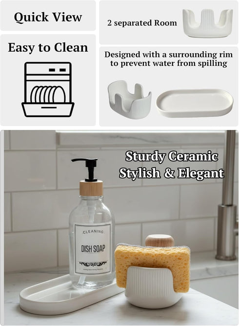 2-Slot Countertop Set Ceramic Double Sponge Holder with Soap Tray, Sink Organizer, Modern White Kitchen Sponge & Dish