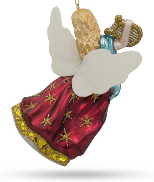 Angel Playing Music on Harp Blown Glass Christmas Ornament
