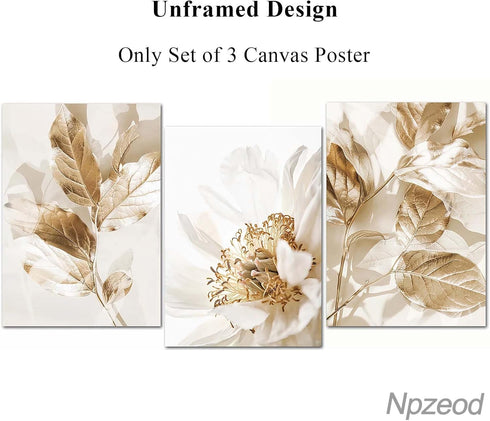 Abstract Golden White Flower Leaves Wall Art Posters, Modern Plant Landscape Canvas Prints for Living Room Decor