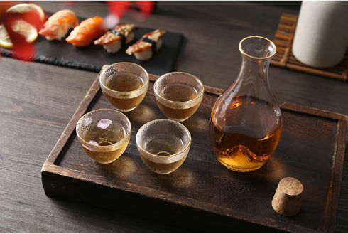 Set 4, Hammer 1 1 4 Set 6 DUJUST Japanese Sake for Glass Pattern in Golden Trim, Crystal Clear Sake Bottle, Sake Tank