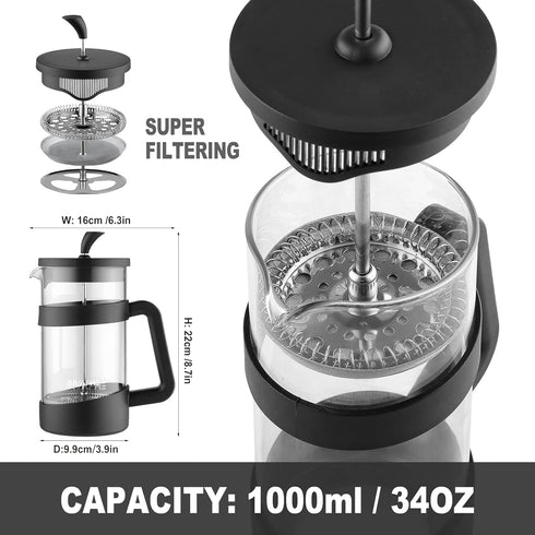 Sivaphe French Press 34oz, Lightweight Durable High Borosilicate Carafe Maker, 8 Cup Plastic Coffee Press