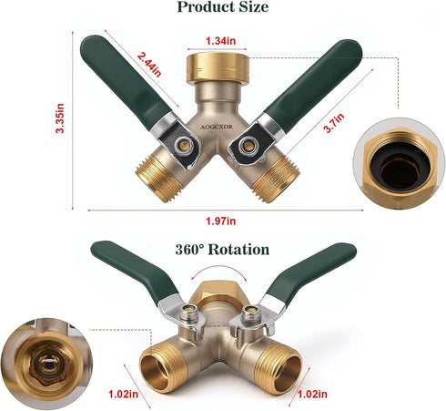 AOGCXDR 2 3/4 Inch Brass Garden Hose Splitter Way Heavy Duty Adapter, Y Splitter with Shutoff Valve Outdoor Faucet