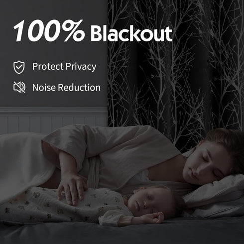 FMFUNCTEX 100% Blackout Curtains for Bedroom, 54 Inch Length Black Branch Panels for Living Room, Thermal Insulated 2