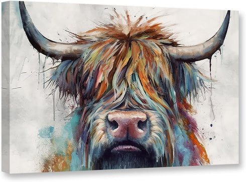 CCWACPP Highland Cattle Canvas Wall Art, Colorful Cow Painting Print, Rustic Farmhouse Decor Frame (12x18inch)