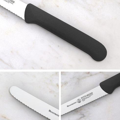 Messermeister 4.5” Serrated Tomato Knife with Matching Sheath, Black, German Steel Alloy, Rust Resistant