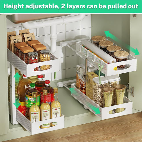 Under Sink Organizer, 2-Tier Pull-Out Cabinet Storage Baskets with Mesh Metal Sliding Drawer (1 Pack White)