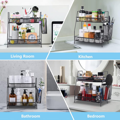 LEMIKKLE Bathroom Countertop Organizer, Bedroom Organizer, Kitchen Spice Rack Shelf with Small Basket (Black)