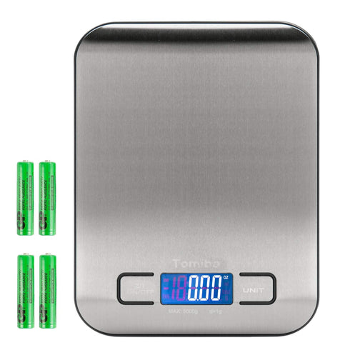 Digital Kitchen Food Scale 11 lb, Grams and Ounces, Small Stainless Steel Backlit, Batteries Included.
