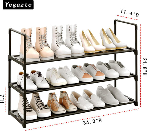 Yegazte 3-Tier 12-15 Closet,Black Shoe Rack, Stores Pairs of Shoes, Stackable & Adjustable, Space Saving Shelf Storage