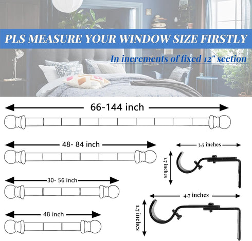 Curtain Rod, 48" - 84" Adjustable Black Curtain Rods for Windows, 1" Diameter with Brackets