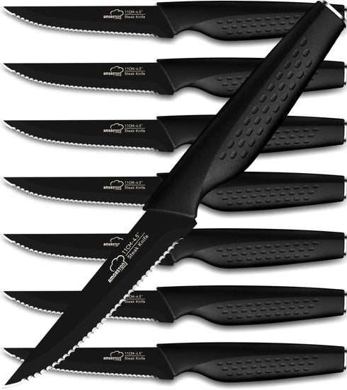 Set of 8 Stainless Steel Steak Knives, Serrated and Dishwasher Safe, Elegant Black Design
