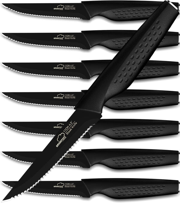 Set of 8 Stainless Steel Steak Knives, Serrated and Dishwasher Safe, Elegant Black Design