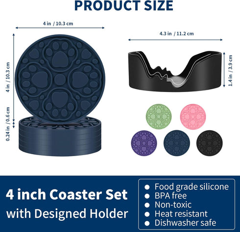 4 Inch Set 6 Blue Silicone Coasters with Holder, Non-Slip Round Coffee Cup Mats, Modern Drink Coaster of for Desk